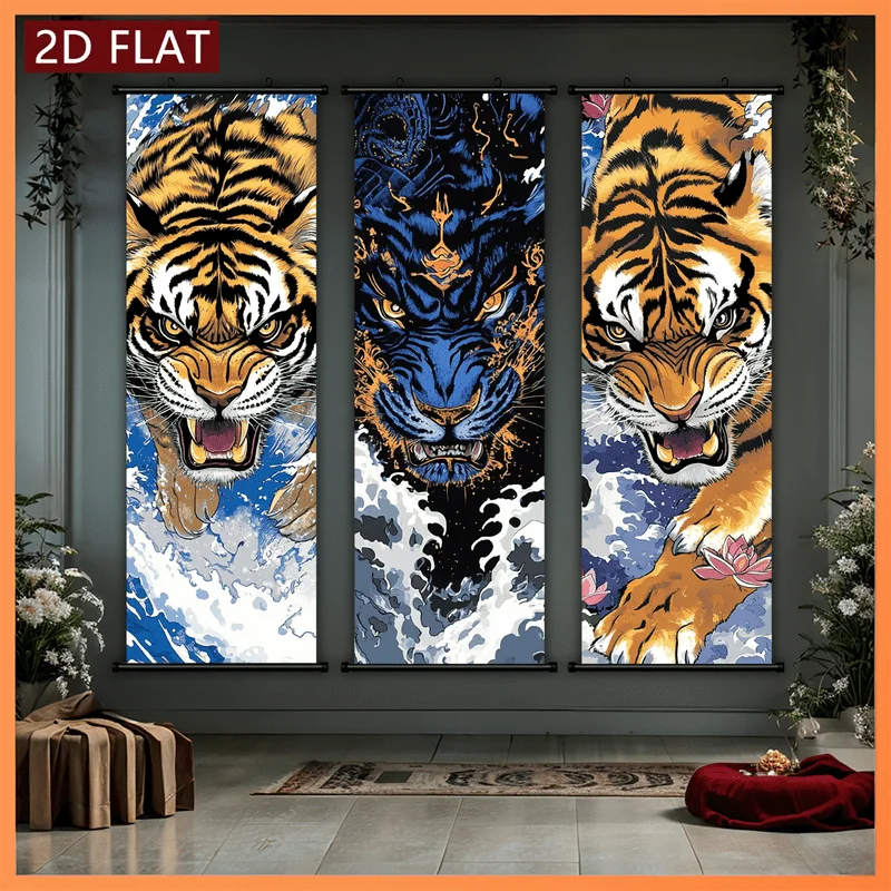 VIKAMA Fierce Tiger Scroll Tapestry, Vintage Ukiyo-e-Style Wild Beasts and Waves Vertical Wall Hanging, Decorative Wall Hanging