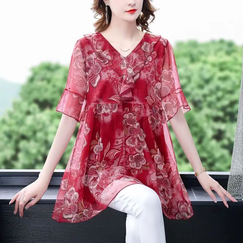 Summer New Thin Printing Chiffon Shirt Tops Short Sleeve O-Neck Loose Plus Size Floral Blouse Vintage Fashion Women Clothing