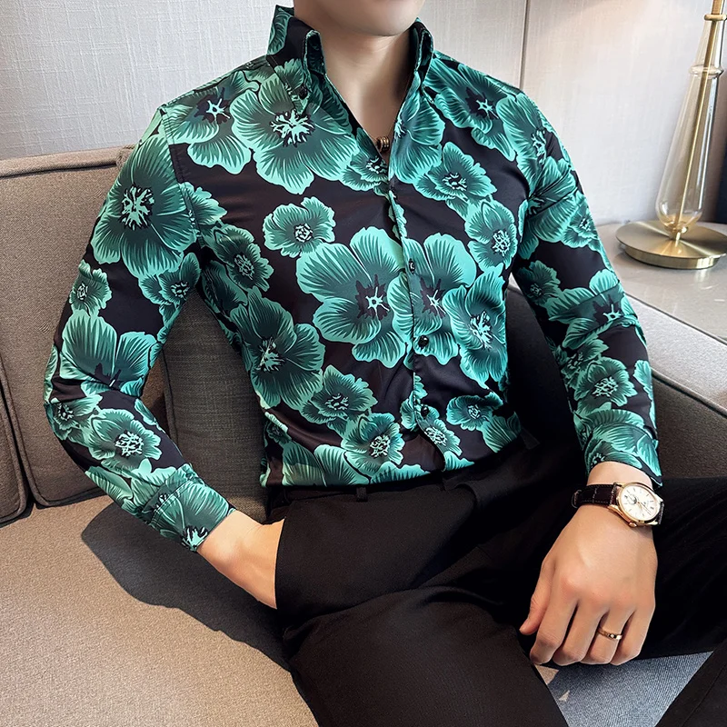 2024 Spring Flower Shirts Men Long Sleeved V-neck Casual Shirt Men Clothing Fashion Hawaiian Vacation Shirt Social Streetwear