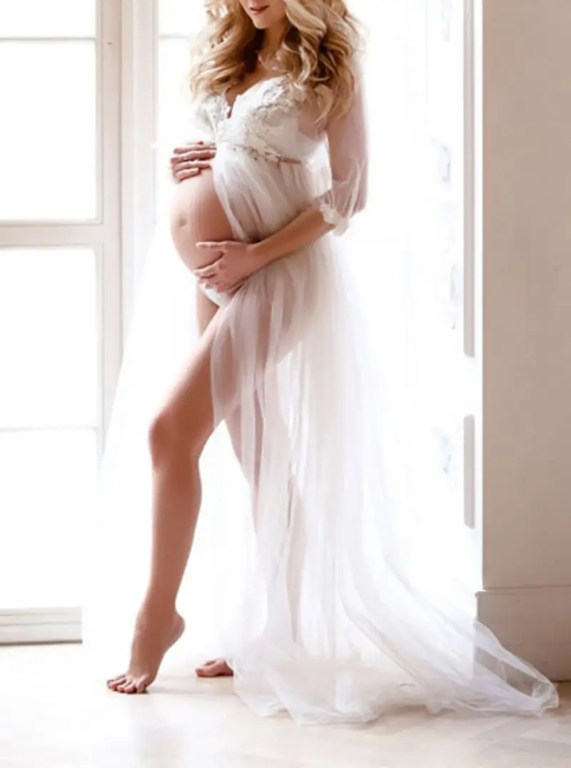 White Photoshoot Dresses Maternity Women Sexy Tulle V-Neck Split Long Dress For Pregnant Baby Shower Gowns Premama Photo Clothes