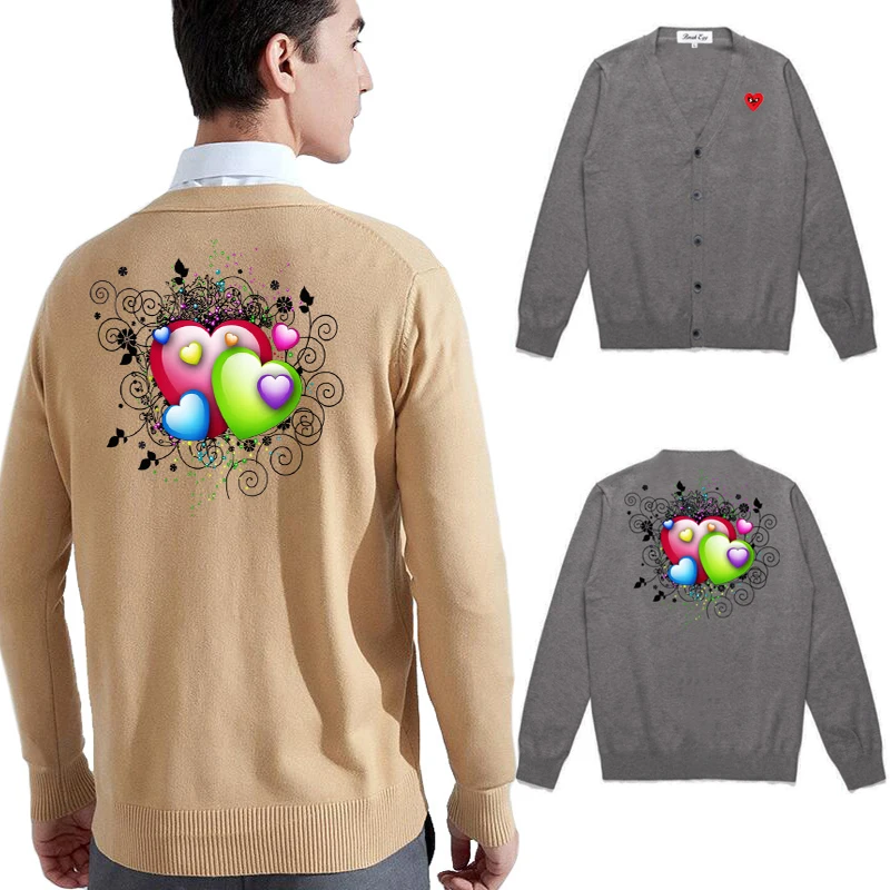 

Men V-neck Cardigan Cartoon Heart Embroidery With Colorful Print Long-sleeved Single Breasted Cotton Polyester Autumn Sweater