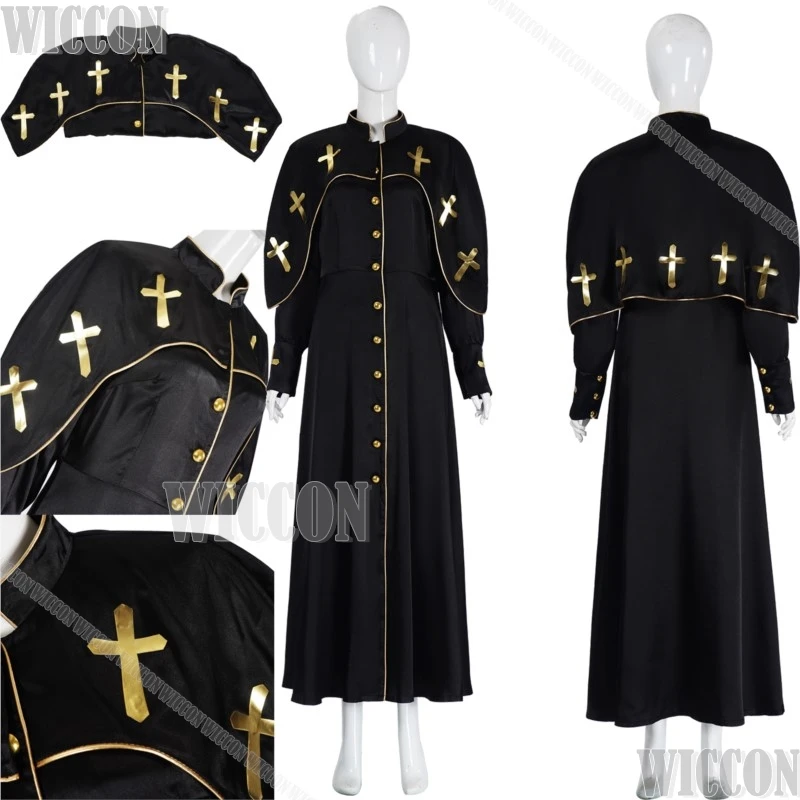 

Костюм священника 2025, черный длинный халат с узором кюле и жилетом, платье унисекс, женский и мужской костюм на Хэллоуин, Comic Con Cos
