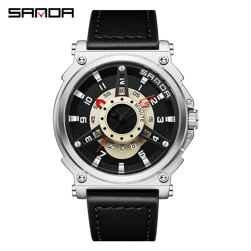 SANDA 5013 Men's Quartz Watch Fashion Creative Waterproof Date Pointer Display with Leather Wristwatches for Male Watches Gift