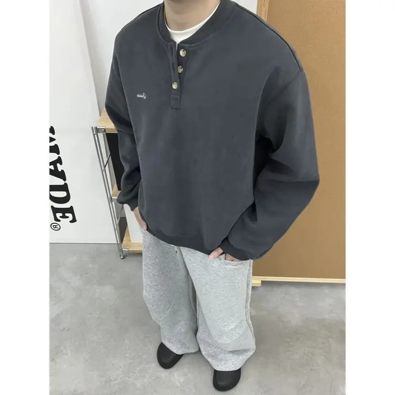 Trendy Korean Retro Ins Simple Boyish Henry Collar Sweatshirt Men and Women Street Niche Y2K Loose Casual Long-sleeved Top