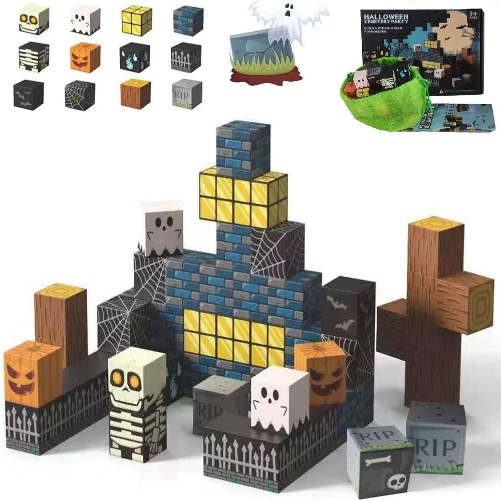 Halloween Magnetic Building Blocks Skeleton Toy Spooky Town Building Toys Spooky Magnet Tiles Pumpkin Gift for Adults Party