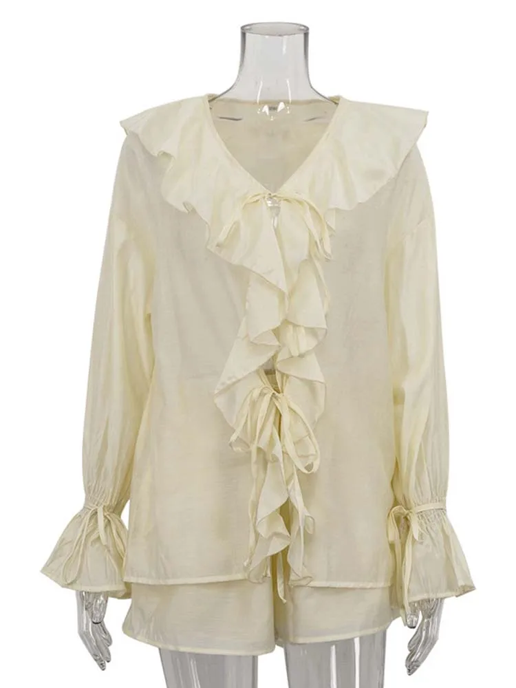 Heinene Style français solide manches évasées col en v à volants cravate chemise et ensemble short et haut femmes élégant bureau tenue décontractée automne 2025