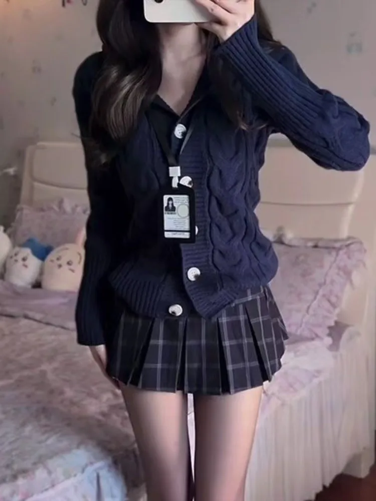 Korean Sweet Knitted New Two Piece Set Women Chic Retro Slim Sweater + Plaid Mini Skirt Suit Harajuku Fashion Casual Sets 2025