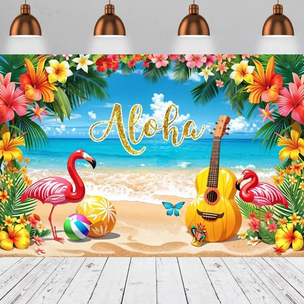 Sommerlicher hawaiianischer Strand-Hintergrund mit Flamingos und Surfbrettern, Fotografie-Hintergrund für die Dekoration von Geburtstagsfeiern für Erwachsene und Kinder