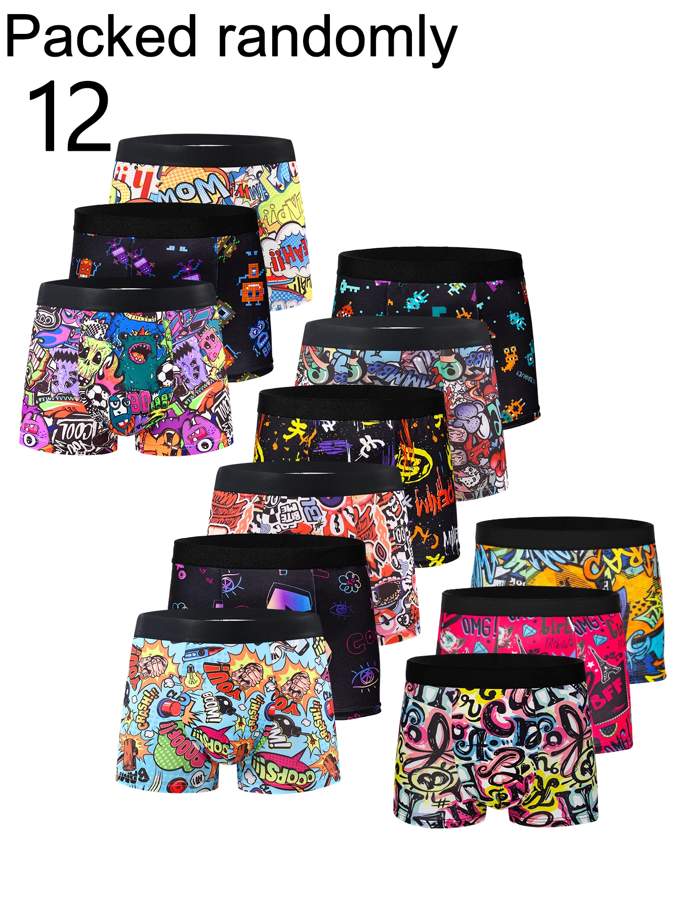 12-Pack Random Pattern Men's Boxer Briefs Trendy Cartoon Monster Graffiti Print High Elastic Comfortable Youth Underwear Multi-D