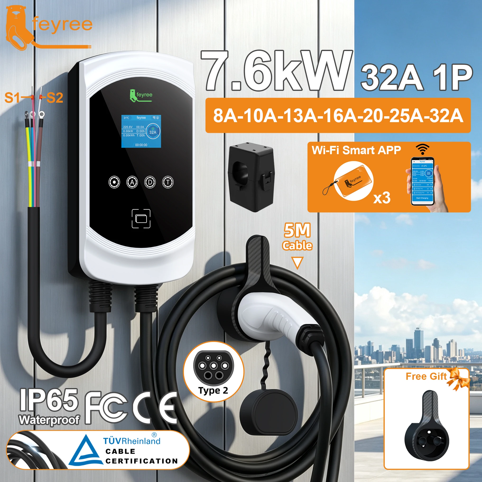 Cargador de Vehículos Eléctricos Feyree 1P con Balanceo Dinámico de Carga, 7.6KW 11KW 22KW, Modelo Tipo 2, 32A, 3P, EVSE, Wallbox, Función Inteligente con WIFI y APP para Coches Eléctricos