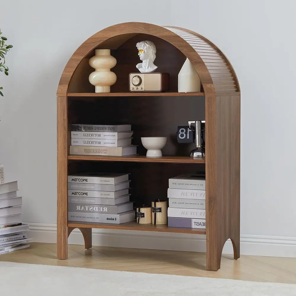 

Walnut 3-Tier Arched Bookshelf with Adjustable Shelves for Home or Office