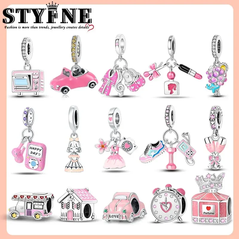 Sterling Silver 925 Sweet Cottage Car Charm Beads Barbie Pink Toy Collection Characters with Travel Hobbies Adolescent Girl Gift