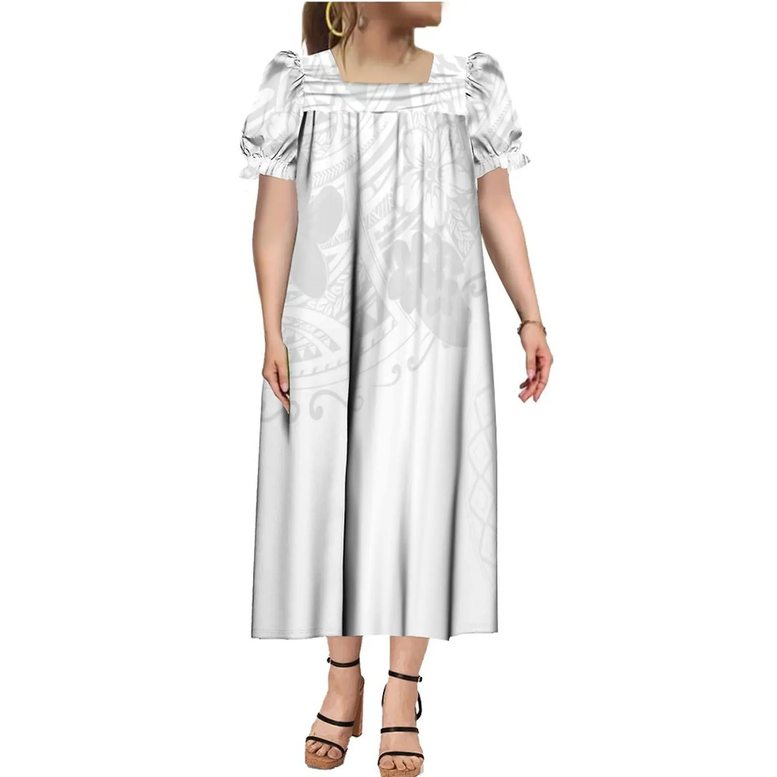 Custom mother day Micronesian Dress Micronesia Mumu Puff Short Sleeve Puffy Midi Dresses Polynesian Tribal Hawaiian White Dress