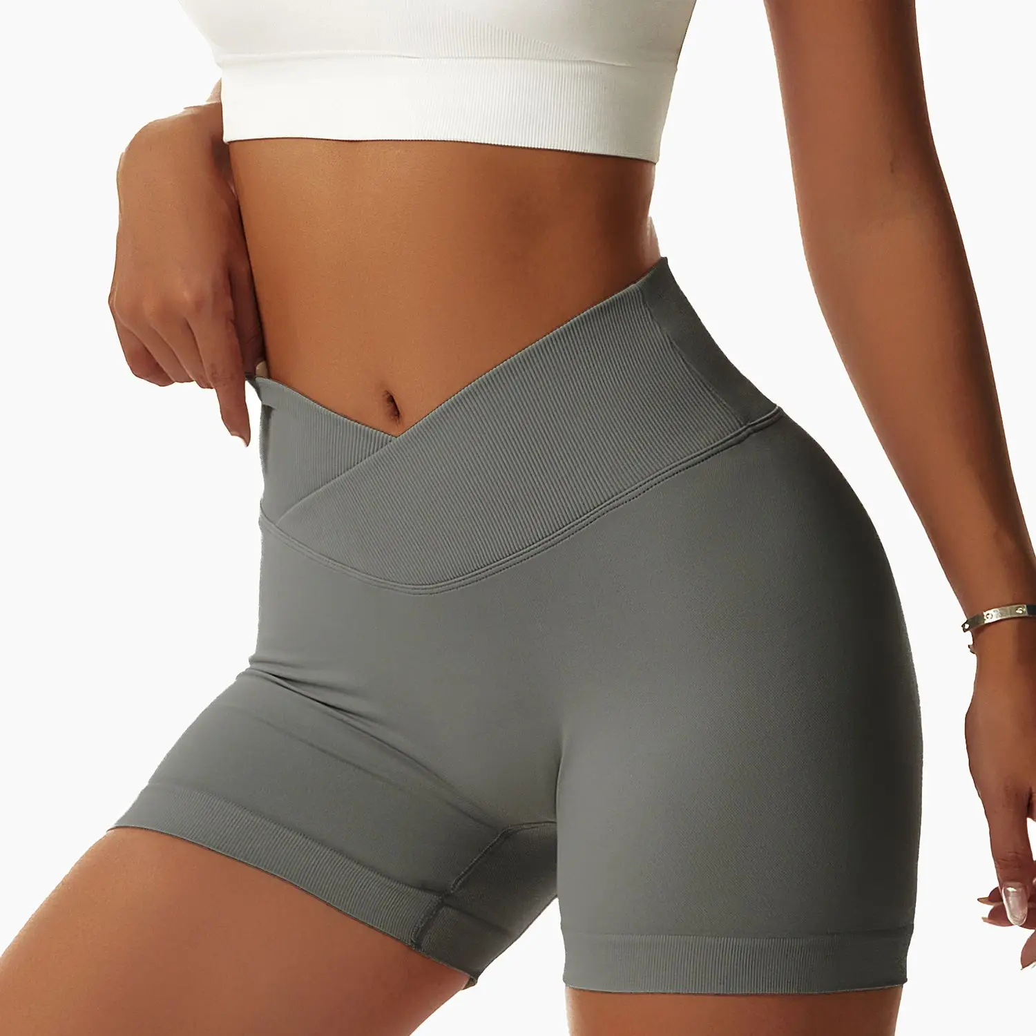 Europe United States Fashion Ladies (3Colors) V Cross High-waisted To Lift The Buttocks Tight Running Quick-drying Sports Shorts