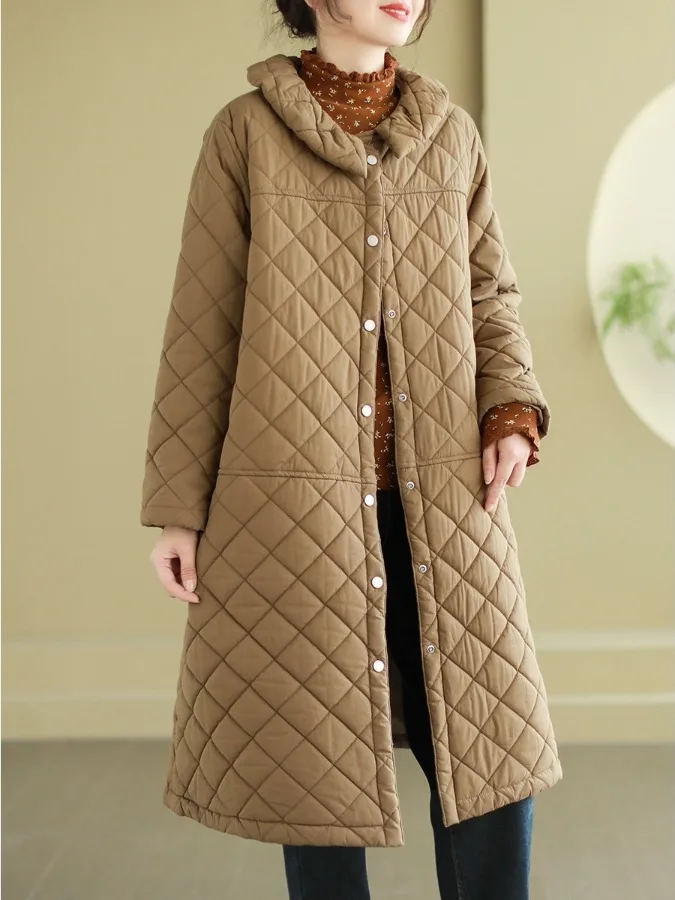 

Winter New Long Cotton Jaet Pure Color Diamond Stitching Thiened Commute Sle Women's Coat Loose Fit Sve Long
