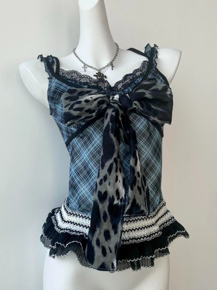 Camisola a cuadros azul marino Vintage francesa para mujer Y2k, Tops ajustados con tirantes de encaje de retales de malla, trajes informales fruncidos japoneses de los años 2000