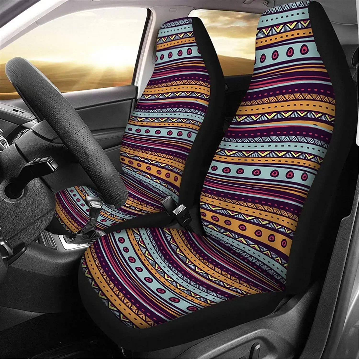 African Ethnic Tribal Geometric Stripe Colorful Front Seat Cover Saddle Blanket Universal Bucket Seats Cover Protector