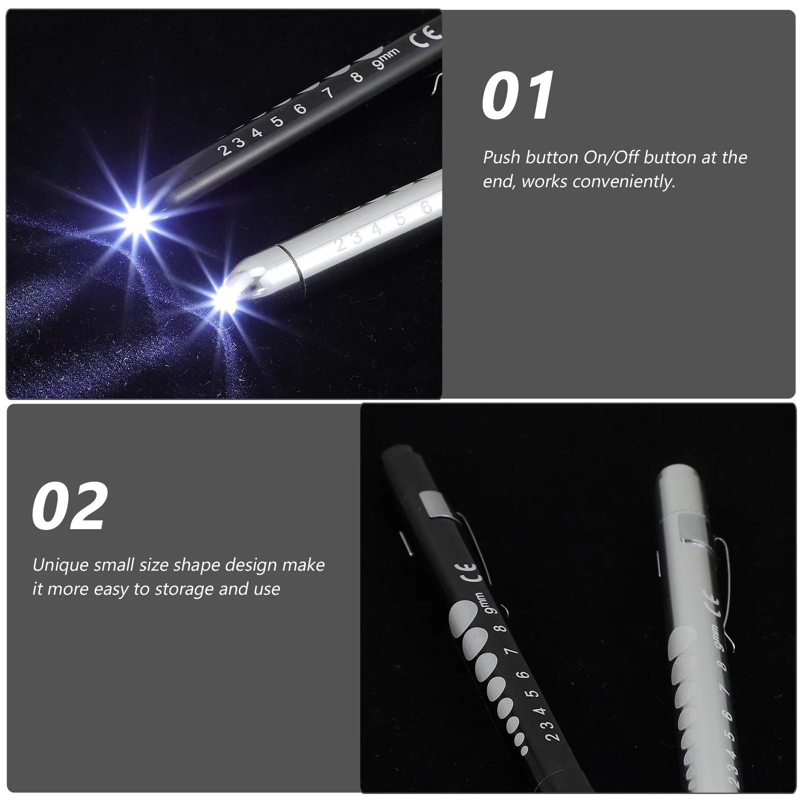 

2Pcs LED Medical Pen Light Small Size Durable Aluminum Alloy Body Ruler Scale Design Push Button on Off for Doctor Nurse