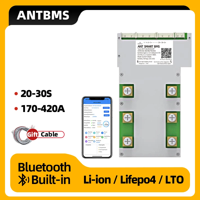 ANT SMART BMS 20S to 30S Lifepo4 li-ion LTO Battery 170A 230A 1050A Bluetooth Built-in 24S 26S 72V 84V 96V 108V Balance Board