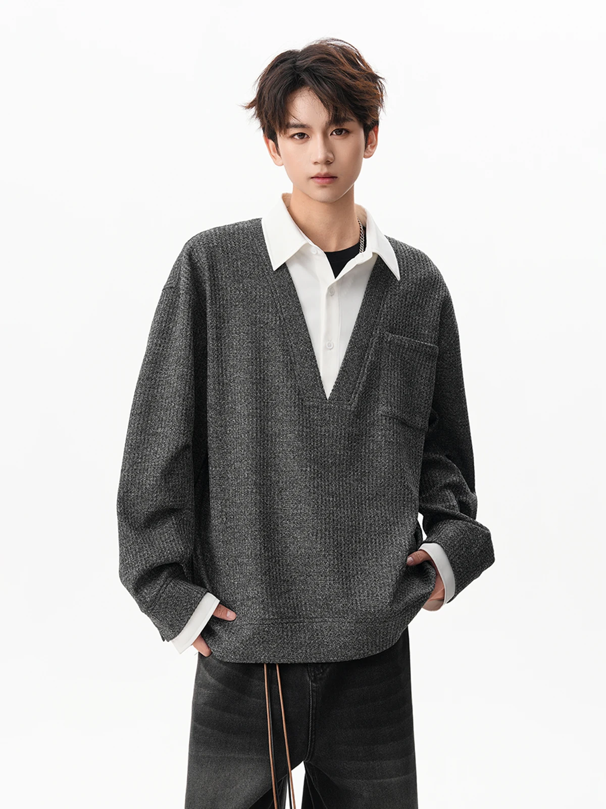 2025 Spring and Autumn New Fake Two-Piece Shirt Collar Light Gray Knitted Sweatshirt Men's Loose Casual Dark Gray Top