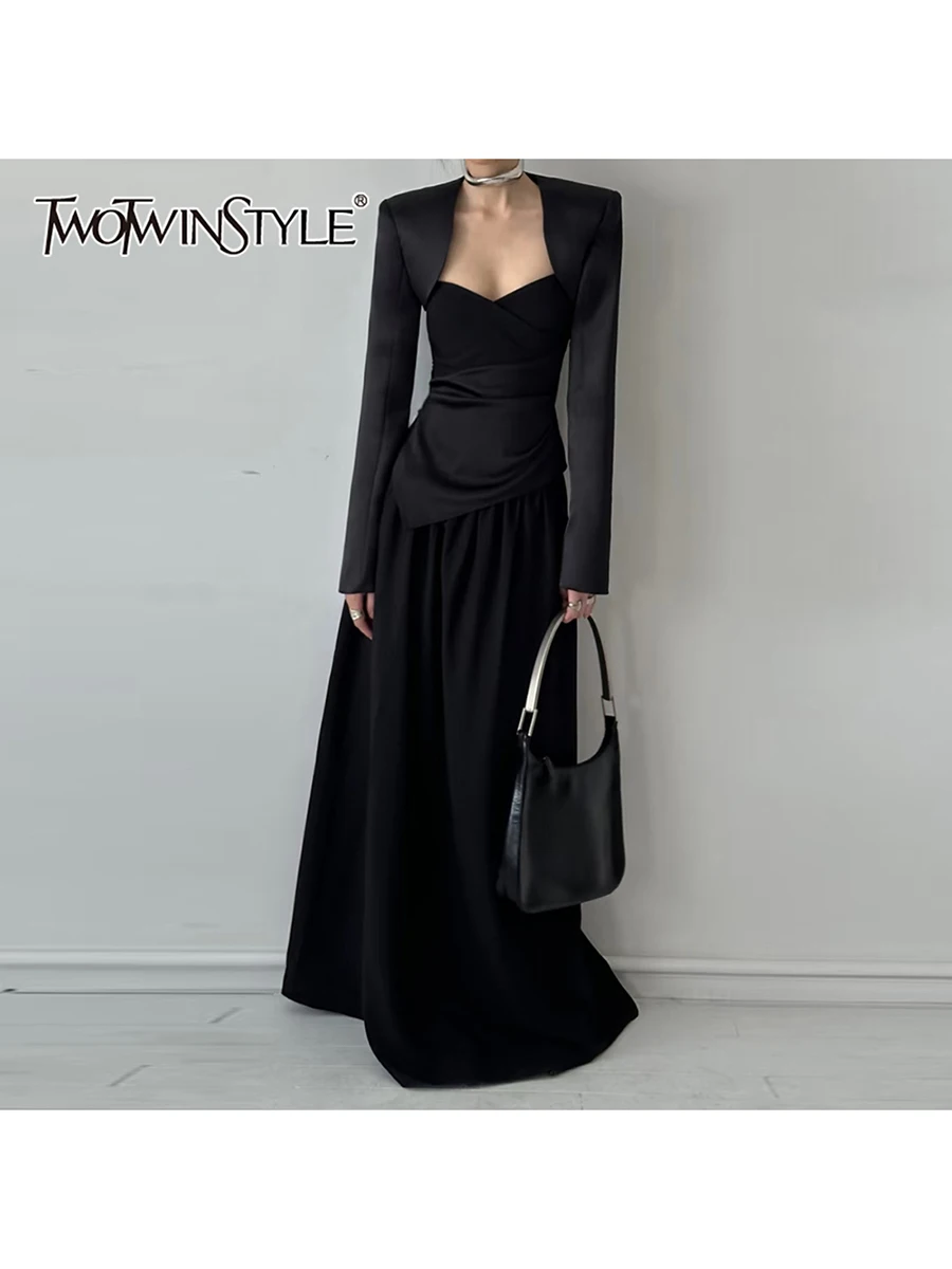 

TWOTWINSTYLE Solid Three Piece Sets for Women Square Neck Long Sleeve Shawl Tunic Strapless Vest High Waist Skirt Set Female New