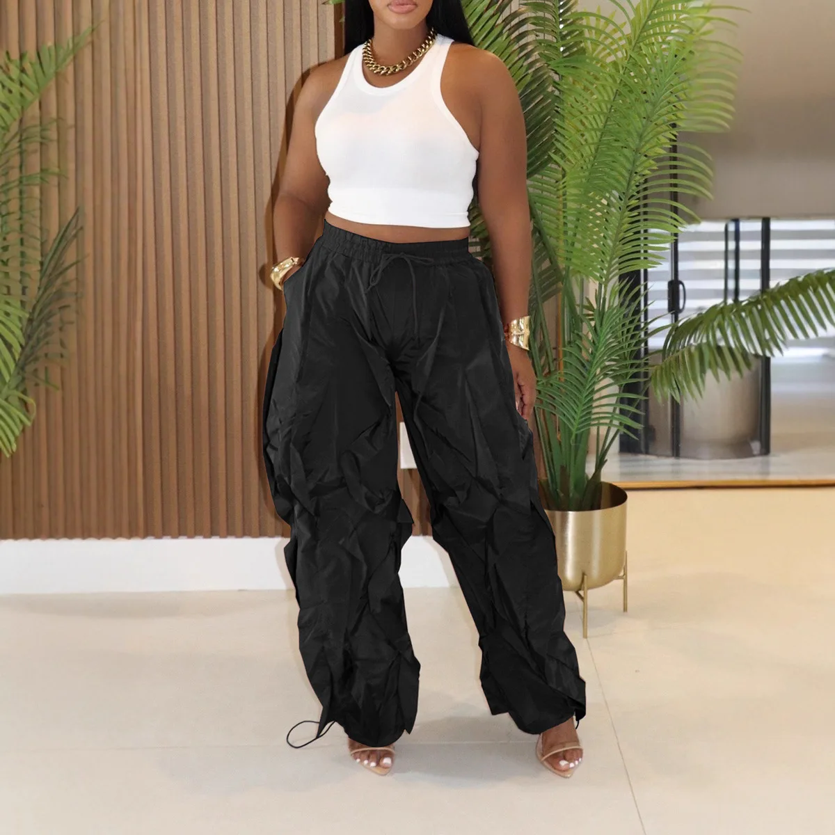 Casual Loose Wide Leg Pants Women's2026 New  Ruched Patchwork Bodycon Pants Female Office Streetwear Bottoms New Trousers