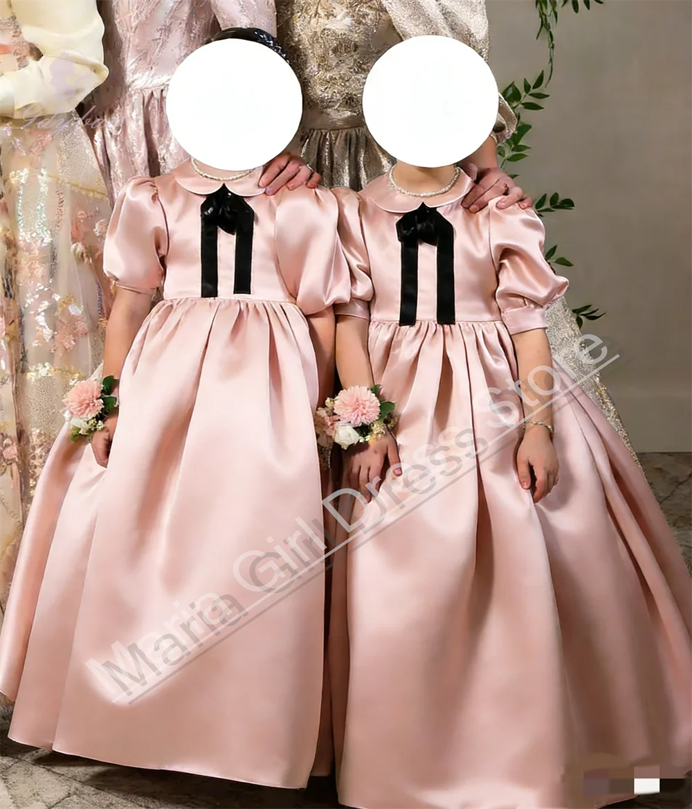 

Розовое атласное платье с черной галстук-бабочкой, нарядное платье для девочек на заказ, подходит для свадеб, детских дней рождения, первого причастия