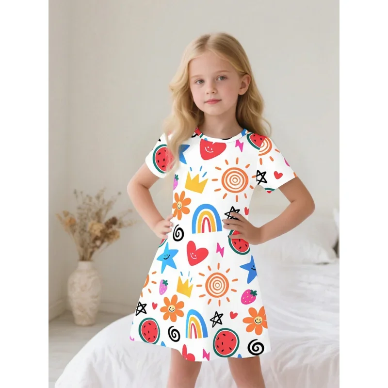 

Girls Colorful Fun Printed Short Sleeve Dress Summer Lively Casual Versatile Skirt for Children