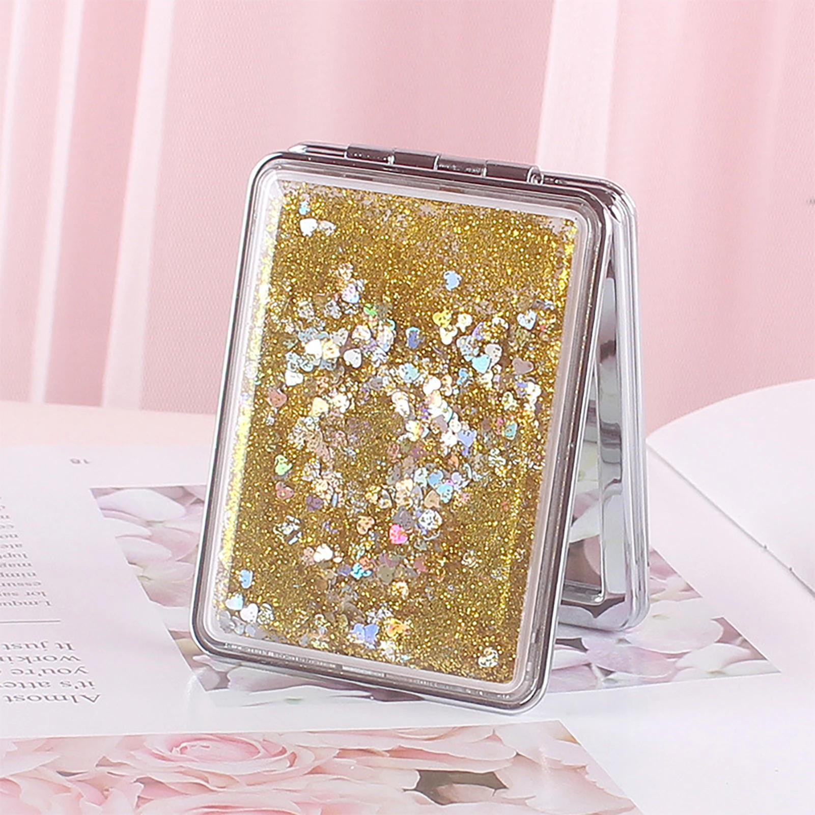 1Pc Chic Makeup Mirror Compact Pocket Vanity Mirror Shiny Quicksand Beauty Stuff Long-lasting Light Makeup Mirror Makeup Tools