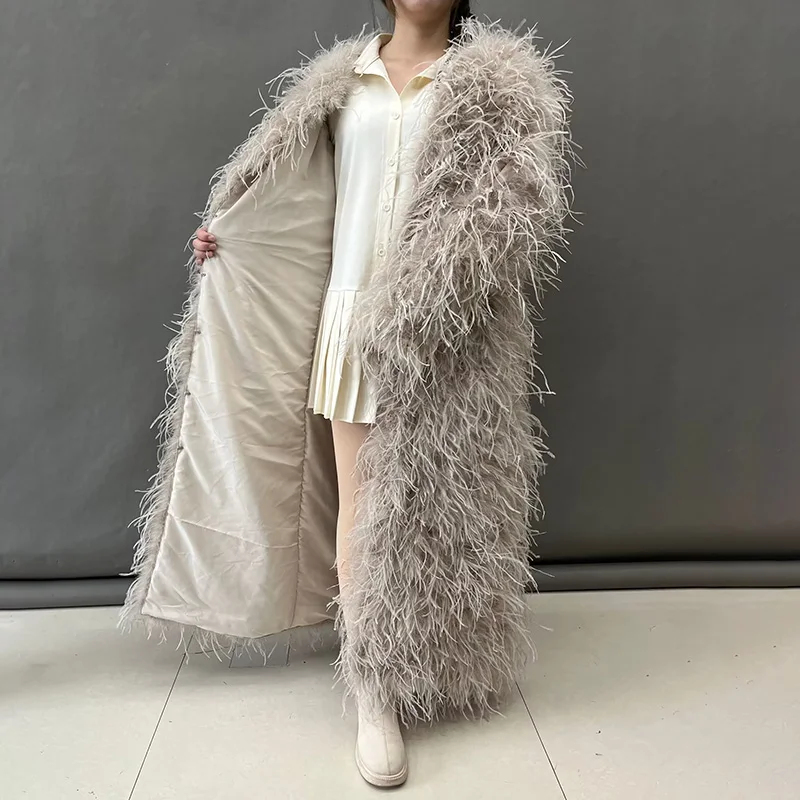 Women Natural Ostrich Feather Coat Lady Luxury Overcoat Fashion Winter Long Coat Fluffy Outerwear S5547