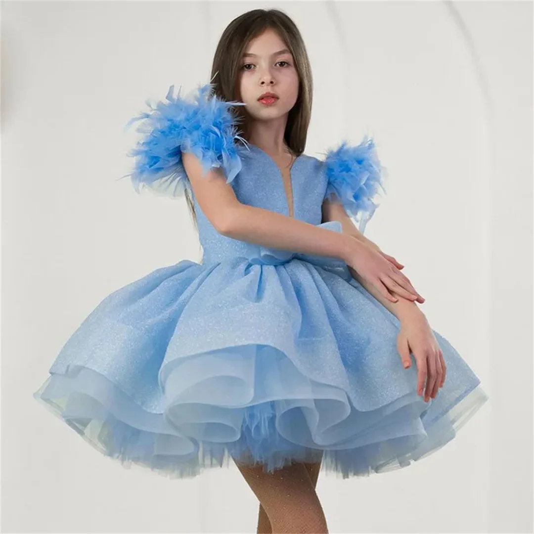 Light Blue Flower Girl Dresses for Wedding Tiered Feather Floor Length Girl Kids Birthday Party First Communion Gowns Customized