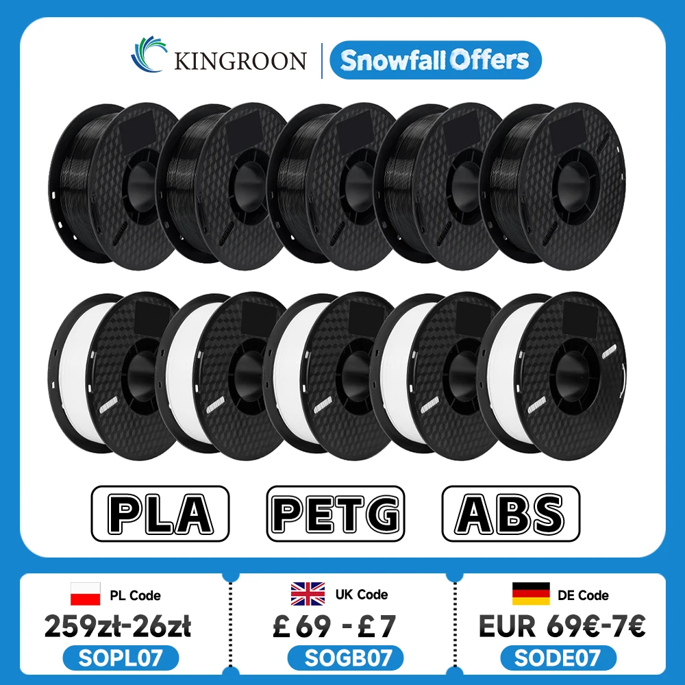 KINGROON 10KG PLA/ABS/PETGフィラメント 1.75mm ブラック ホワイト グレー、卸売 10ロール PLA ABS PETG プラスチック 3Dプリンター用