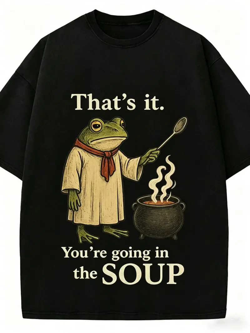 T-Shirt Features A Frog In Soup Design, I For Casual Outings, Easy To Pair With Outfits, Great Gift For Holidays, Short Slee