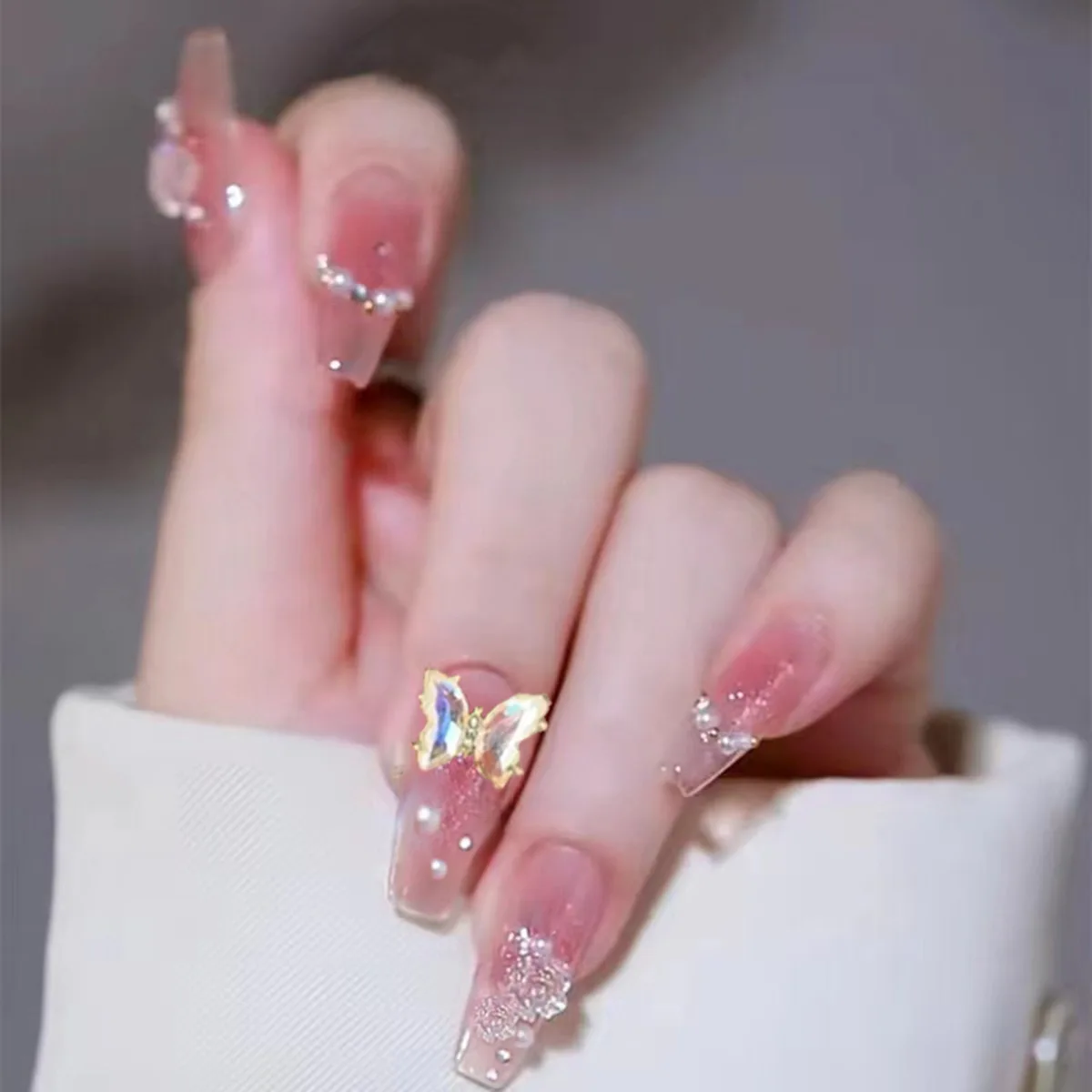 

24Pcs Mid-length Ballet Press on Nails 3D Flower Butterfly Fake Nails Red Smudge Rhinestone Reusable Full Cover False Nails Tips