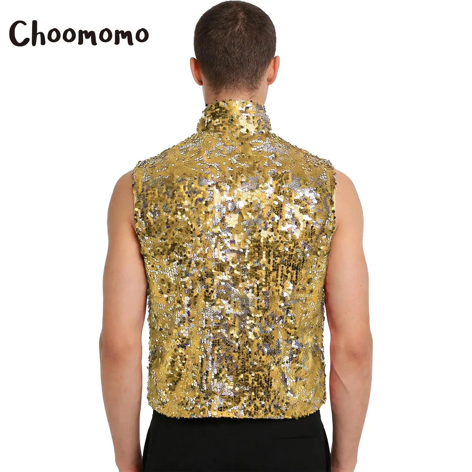 

Mens Hip-hop Jazz Dance Vest Waistcoat Shiny Sequin Disco Costume Vest Sleeveless Zipper Fully Lined Vest Tank Top Streetwear