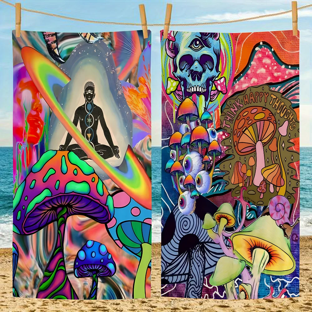 

80S Trippy Skeleton Neon Psychedelic Mushroom Anime Beach Swimming Towel Soft Absorbent Washcloth Children's Gifts