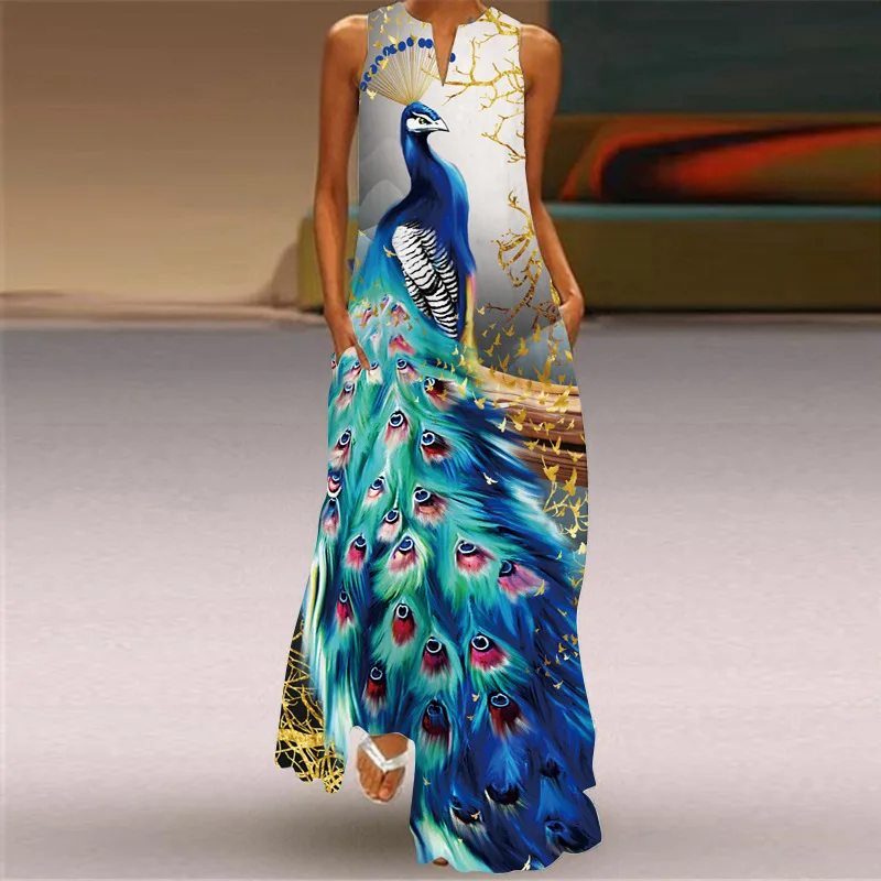 Fashionable 3D Peacock Print Large Swing Dress For Women 2024 Retro Printed V-neck Multi-color Long Sexy Sleeveless Dress Robe