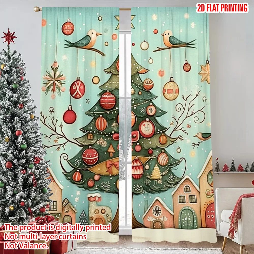 

2pcs 2D flat printing Merry Christmas Popular Window Curtains Christmas Town Versatile Fabric Without Electricity Family Party