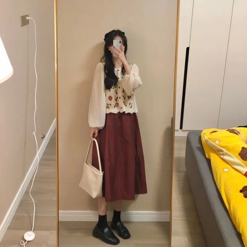 Large Size New French Retro Gentle Chiffon Shirt Feminine Temperament Half Body Skirt Two-piece Set