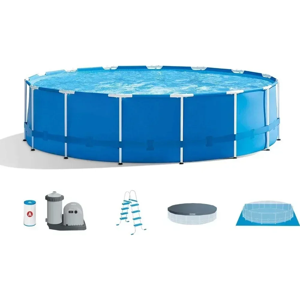 Para 28241EH Juego de piscina sobre el suelo con estructura metálica de 15 pies x 48 pulgadas con bomba de filtro, escalera, tela para el suelo y cubierta para piscina