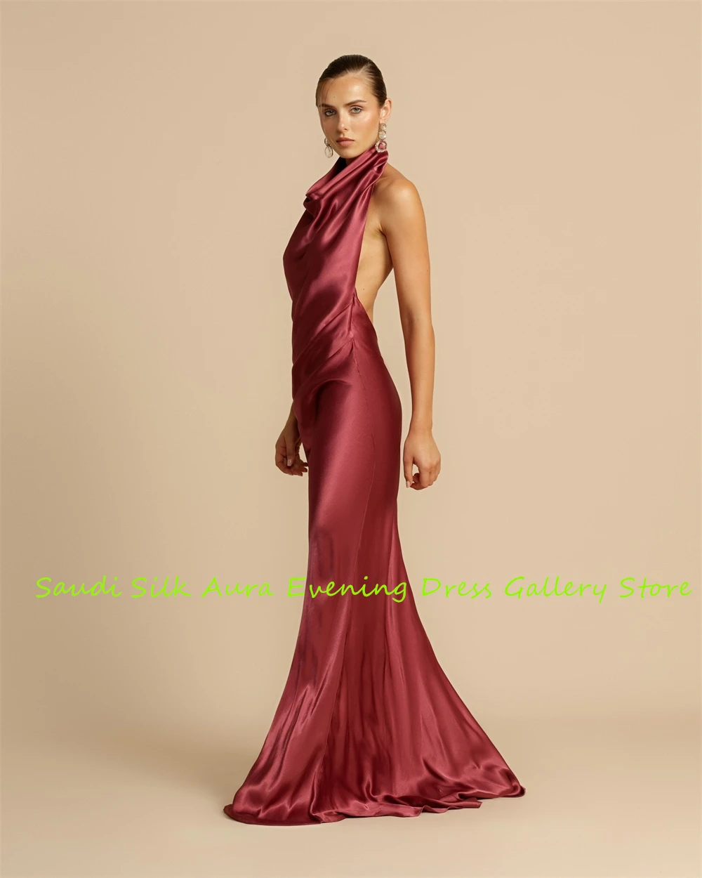 Customized Customized Temperament  Burgundy Satin Evening Dress Mermaid Halter Sleeveless Celebrity Gowns Open Back Exquisite Pa