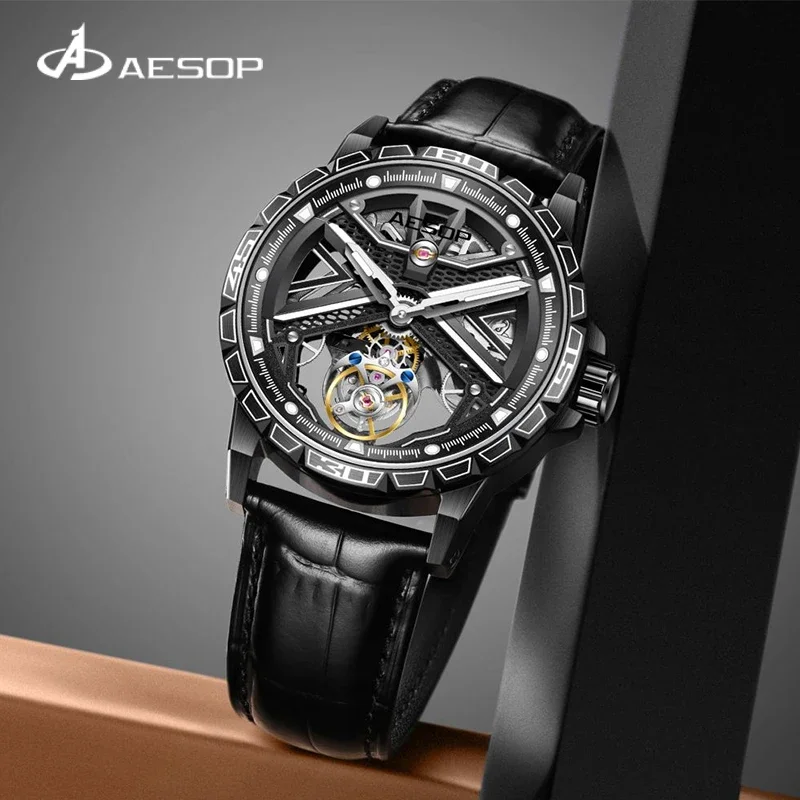 

Aesop Personality Watch Birther Gift Men's Tourbillon Skeleton Mechanical leather Watch Luminous Men