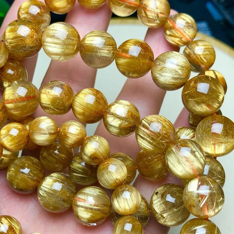 Grade Rough Stone Rutile Gold Rutilated Quartz Men's Smooth Full Hair Citrine Bracelet