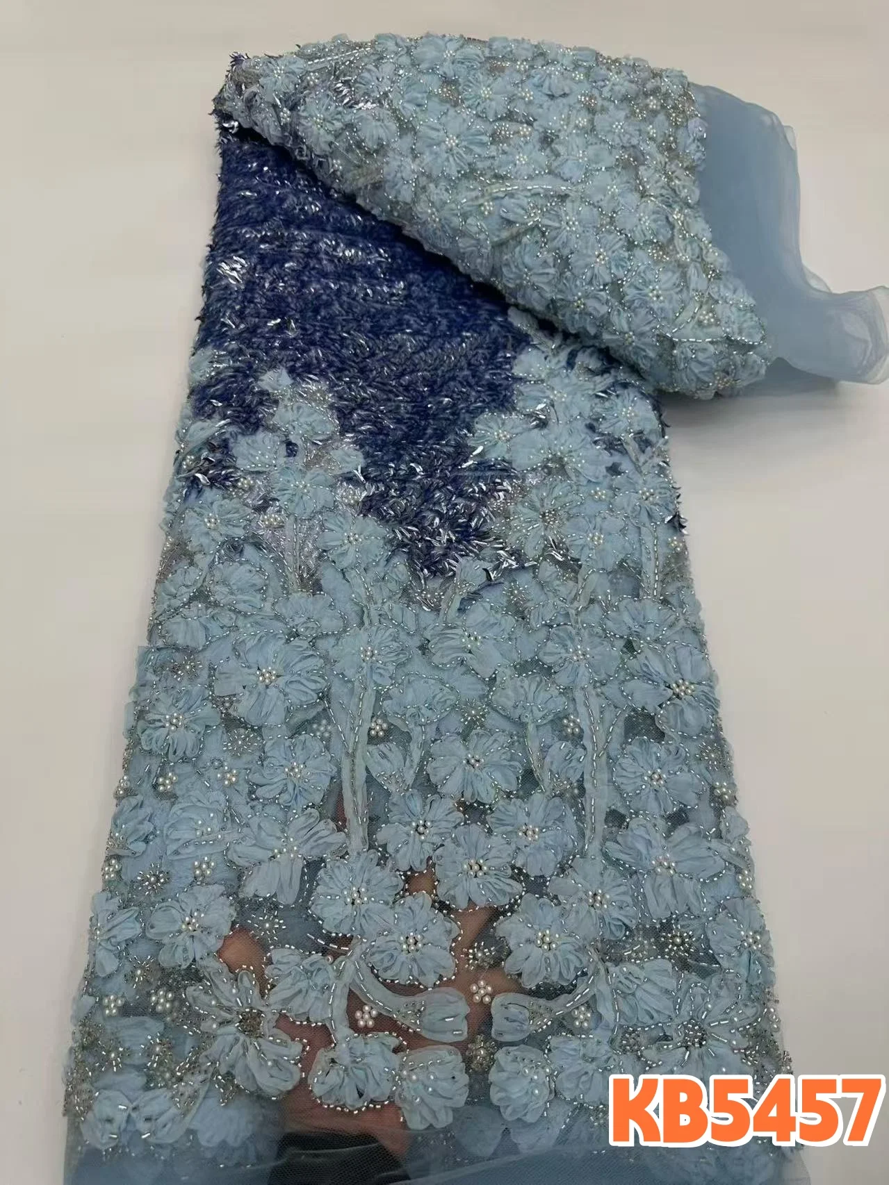 

Зеленая 3D-ткань с цветочным кружевом, вышивкой бисером и пайетками, 5 ярдов, новые дизайны для свадебного шитья KB5457