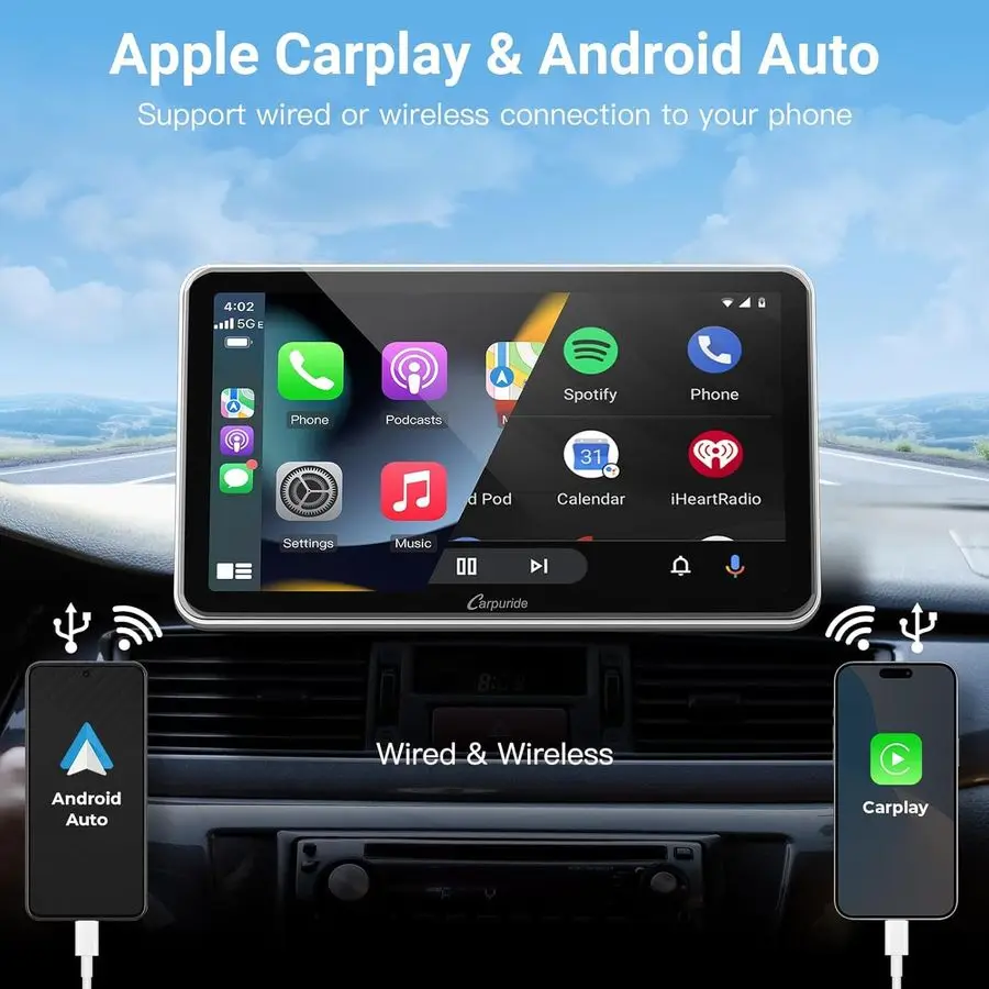 شاشة CarPlay اللاسلكية المحمولة للسيارة شاشة تشغيل السيارة مقاس 7 بوصات متوافقة مع مشغل الوسائط المتعددة Android Auto وApple CarPlay