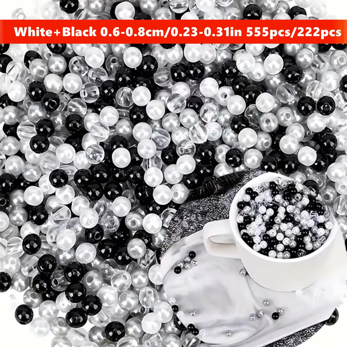 555/222 Stück 6/8 mm schwarz-weiße Acrylperlen im gemischten Stil, für DIY-Bastelbedarf, Bekleidung und Schneidereibedarf