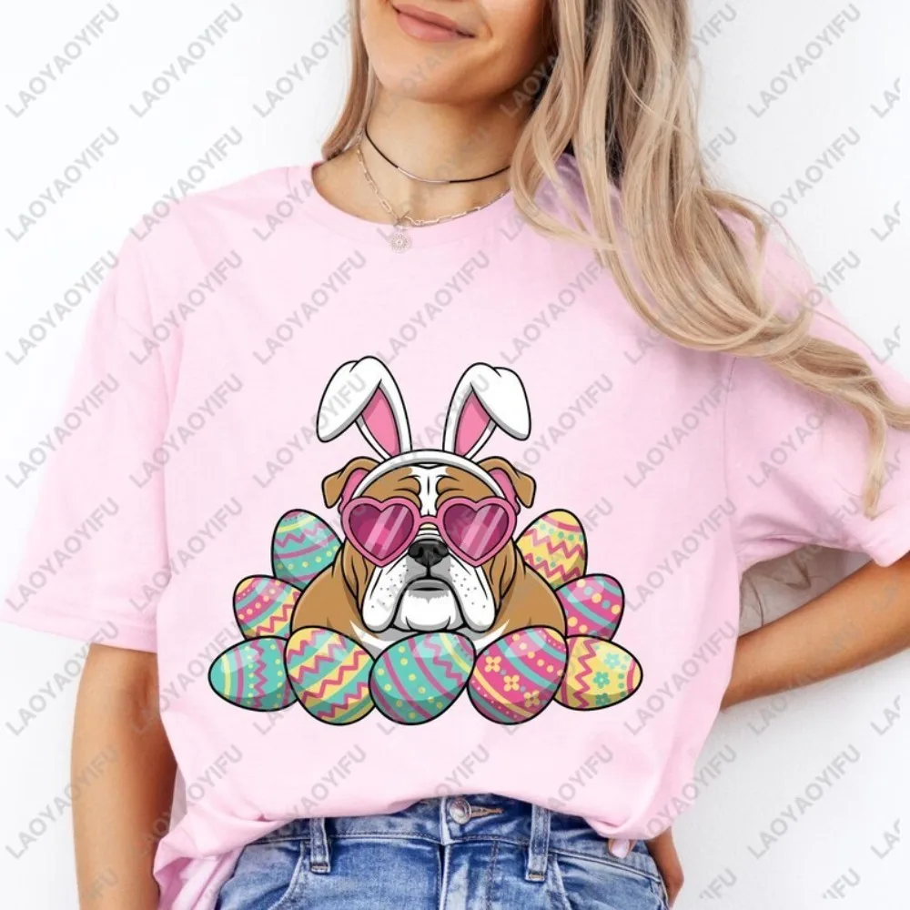 

Easter Bulldog Shirt Cute Dog Bunny Ears Heart Sunglasses Tee Funny Simple Egg Hunt T‑Shirt Spring Gift Bulldog Mom Dad Costume