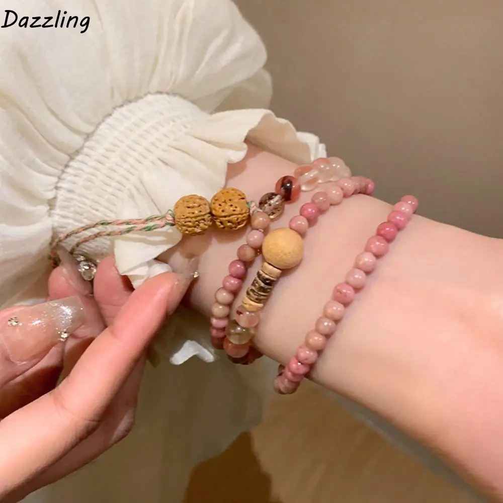 Fashion Neo-Chinese Style Beaded Bracelet Pink Multilayer Hanfu Style Necklace Ornaments Charm Crystal Bracelet Gift