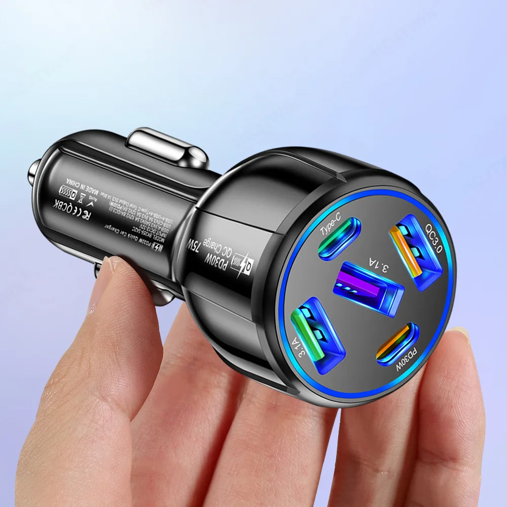 5 Ports 75W USB Car Charger Type C USBC Car Fast Charging QC3.0 PD Car Phone Chargers Adapter For iphone Xiaomi Huawei Samsung