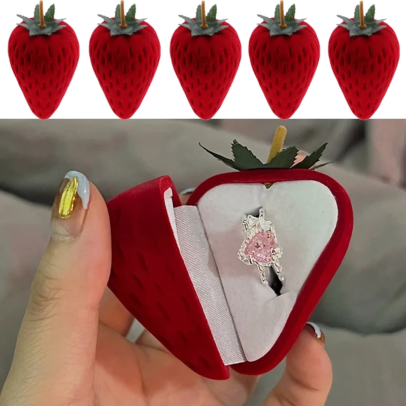 5Pcs Strawberry Jewelry Box Velvet Heart Wedding Ring Box Proposal Ring Display Box Gift Container Case for Jewelry Packaging